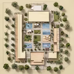 top down view of a floor plan with a pool and several areas
