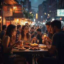 three people sit at a table with plates of food, wine glasses and drinks