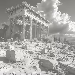 a black and white photo of an abandoned building