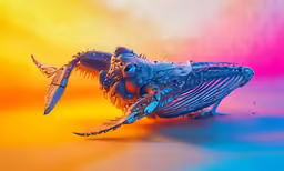 a robot fish sitting in the middle of colorful paper