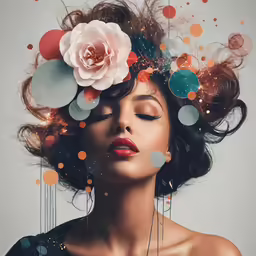 a woman is wearing a flower and with many circles around her