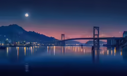 a river with a bridge in the background