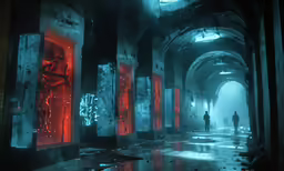 two people walk down a corridor surrounded by glowing walls