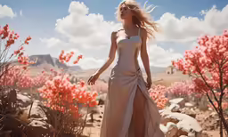 a woman standing on a road next to desert plants
