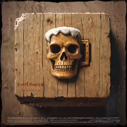 a carved skull with beard sitting on top of a wooden box