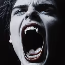 a close up of a person with a fangs