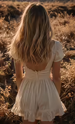 a woman in a dress walking through the grass