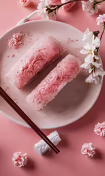 some pink pastries are on a plate with chopsticks