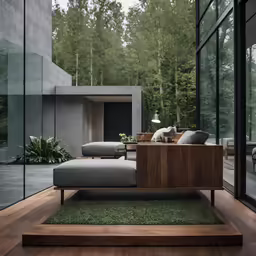 a couch sitting next to a wall with a wooden box on top