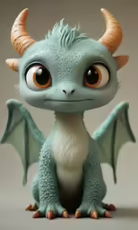 a cartoon style dragon figurine with orange eyes