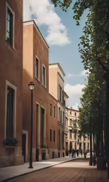 several people walking along a brick street near a lamp post