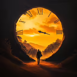 there is a person walking through a tunnel that has an odd clock on it