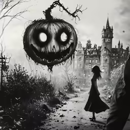 a halloween pumpkin hangs from the air near people walking through the woods
