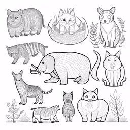 different animals are grouped together in a drawing,some animals are looking for food in the field,many animal are depicted in this black and white illustration,the image shows many animals, but there is also another animal on the picture,a drawing of some animals in black and white