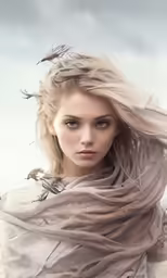 a woman in a white cape with birds on her head