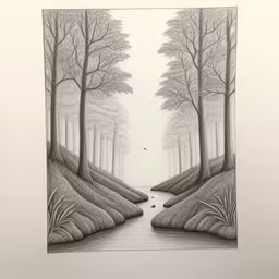 a drawing of a river surrounded by trees
