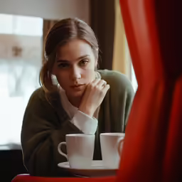 a woman sitting at a table with two cups and saucers