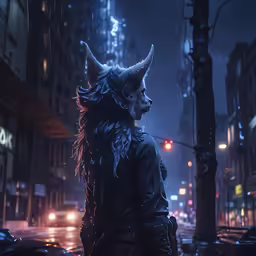 a person with a horned head walking in the city