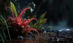 some sort of plant with red flowers growing in the rain