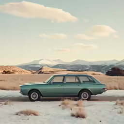 a small green car parked in a field with mountains in the background