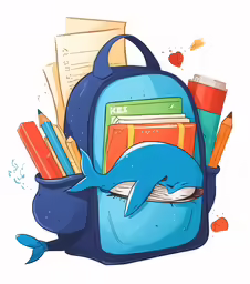 a blue dolphin is sitting in the back pocket of a bag