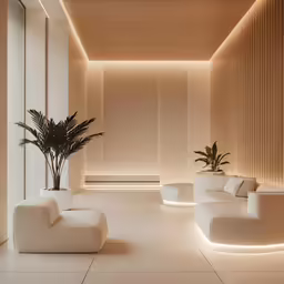 the inside of a modern house with white furniture