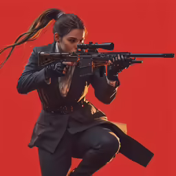 a woman in a suit holding a gun
