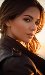 a woman in a black leather jacket