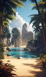a virtual art painting of palm trees and water