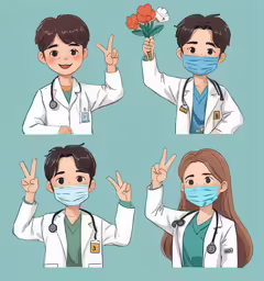 the doctors in various poses, including wearing masks