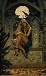 a woman in a black dress is sitting on a bench