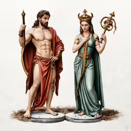 two statues of jesus and mary, one holding an euamer