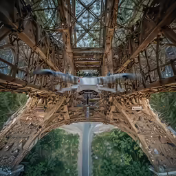 an extremely high shot looking down at the eiffel tower