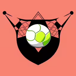 a logo with a tennis ball in the middle of it,a tennis ball in a net, on an orange background,a couple of tennis rackets are standing in front of a ball,a small white ball with three tennis balls behind it,there is an image of a soccer ball on the back of a shield
