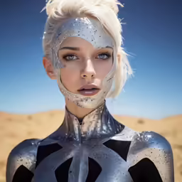 a person with white and black makeup posing for the camera