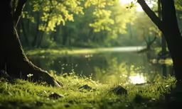 some green grass trees water and grass and water
