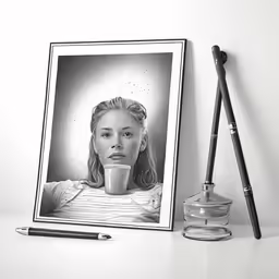 a coffee cup is on a table and some pen are lying around