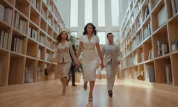 three women and two men walk through a library