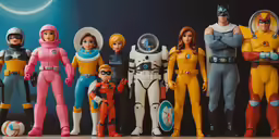some toys on a shelf in front of a black wall