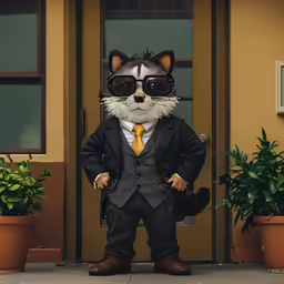 a raccoon mascot in a suit stands outside