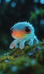 an animal with large round orange eyes, standing on moss