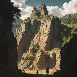 two men hike up a narrow path next to rocky terrain