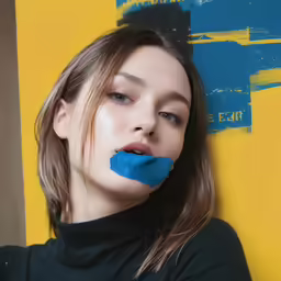 a woman is wearing blue paint on her face and has the color blue taped on her nose