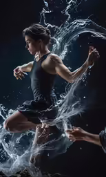 water running girl posing for camera over dark background