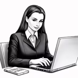 a black and white cartoon of a woman on a computer