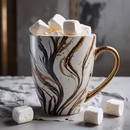 a white cup sitting on top of a table filled with marshmallows