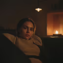 a woman wearing a brown sweater looks sad while she sits on the couch in front of candles