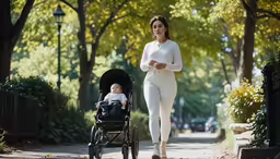 a woman walking her stroller in the park with a baby in it