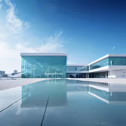 a reflection of a building with a clear sky above