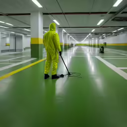 the person in yellow is mopping in an empty parking lot